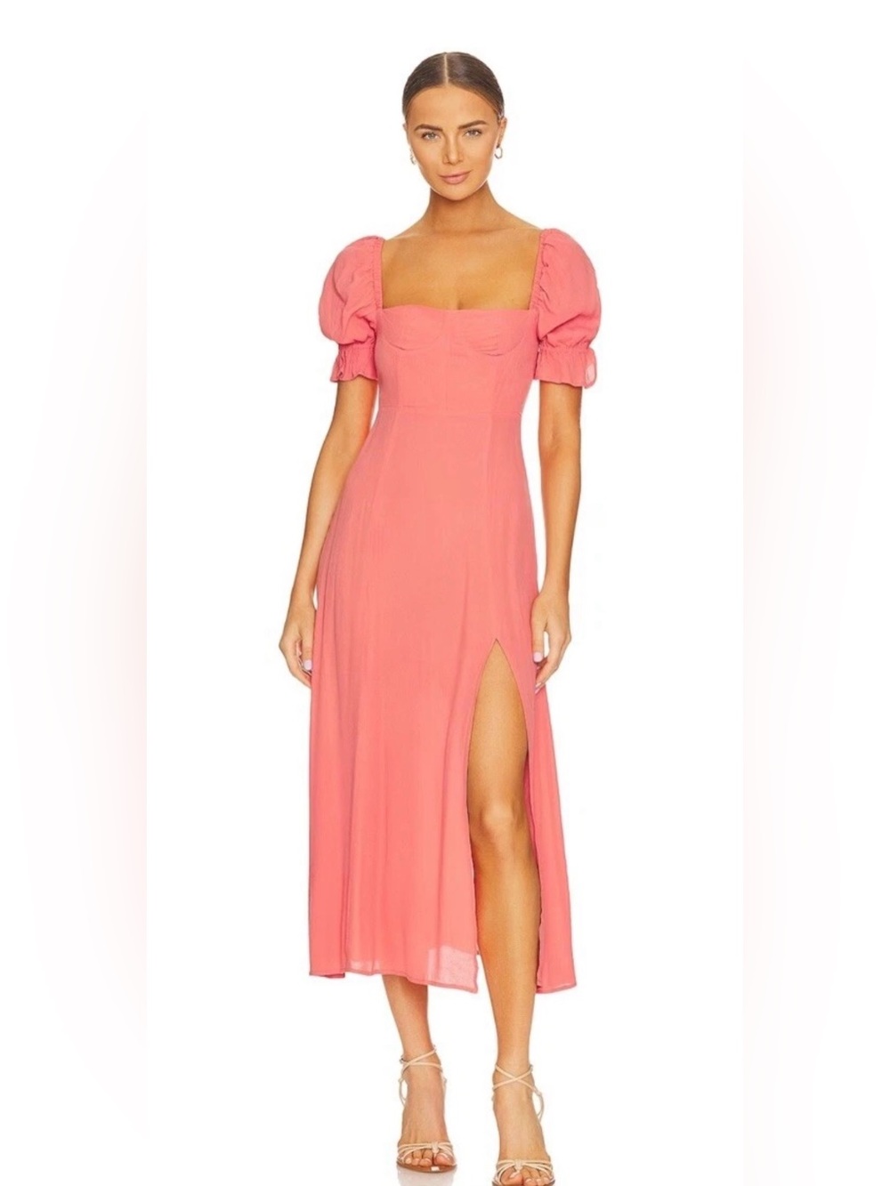 WeWoreWhat Coral Midi Dress with Puff Sleeves